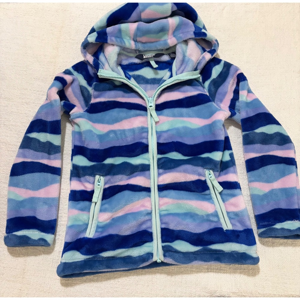 Lands End Girls Blue Purple Pink Wavy Stripe Fleece Full Zip Hoodie Jacket S 6-7